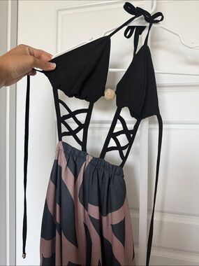 Wish Black and Mauve Strappy Halter Top with Abstract Print Jumpsuit